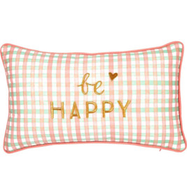Rechteckiges Kissen mit Karomuster, pinkem Rand, goldenem be HAPPY-Schriftzug und Herz über be.