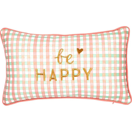 Rechteckiges Kissen mit Karomuster, pinkem Rand, goldenem be HAPPY-Schriftzug und Herz über be.
