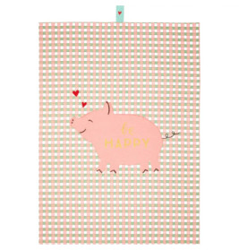 Ein rosa Schwein mit Herzen und dem Schriftzug Be Happy vor pastellfarbenem Karomuster.