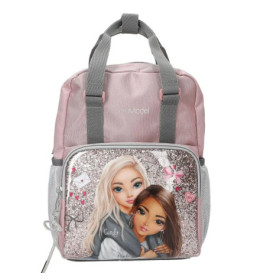 Rosa-grauer Rucksack mit Abbildung zweier Mädchen und glitzernd-silbernem Hintergrund auf der Fronttasche.