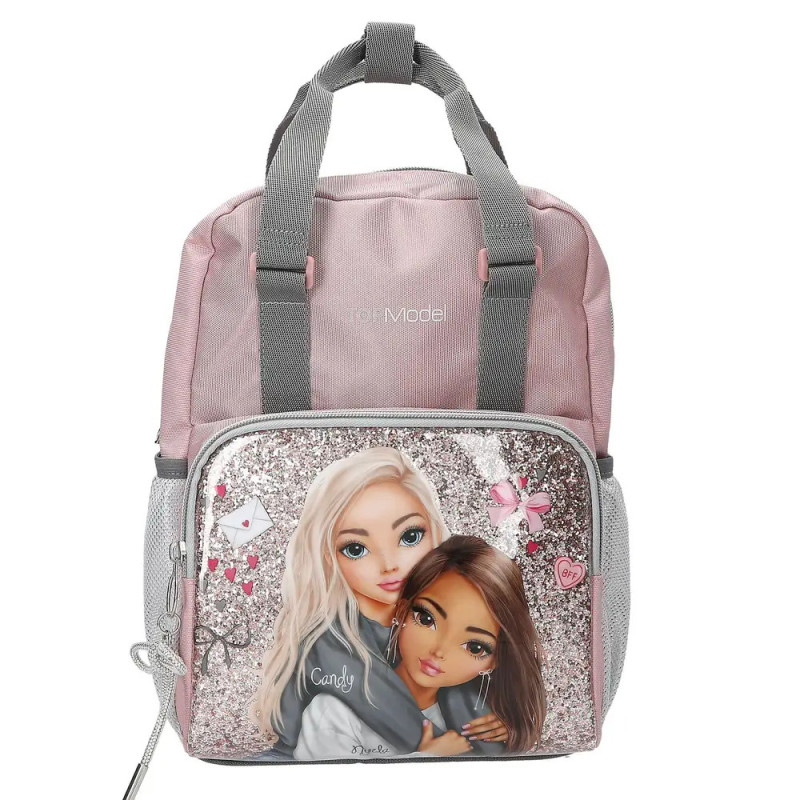 Rosa-grauer Rucksack mit Abbildung zweier Mädchen und glitzernd-silbernem Hintergrund auf der Fronttasche. Rosa-grauer Rucksack mit Abbildung zweier Mädchen und glitzernd-silbernem Hintergrund auf der Fronttasche.