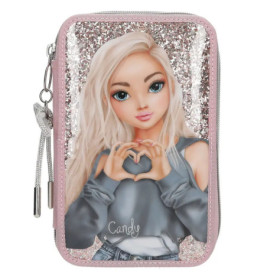 Rosa Glitzer-Federmäppchen mit Illustration eines blonden Mädchens, das mit den Händen ein Herz formt.