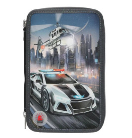 Polizeiauto und Hubschrauber mit Blaulicht jagen nachts durch die Stadt, auf einem Reißverschlussetui illustriert.