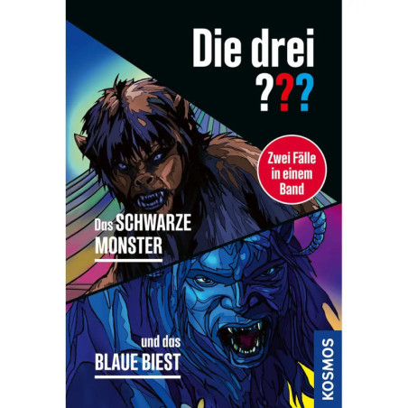 Buchcover mit zwei gezeichneten Monstern, einem braunen und einem blauen, sowie deutscher Schrift auf buntem Hintergrund.