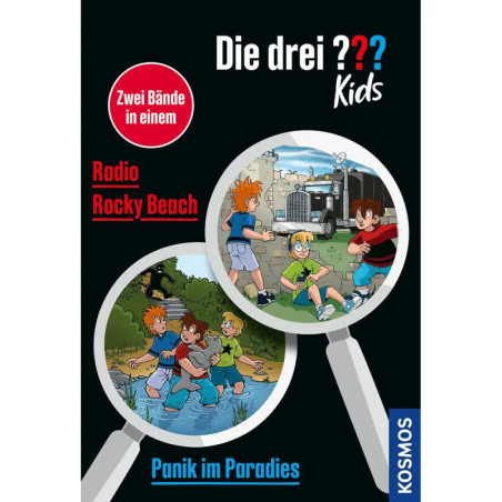 Buchcover mit Lupen, die Kindern zeigen, wie sie mit einem LKW ermitteln und durch Wasser rennen.