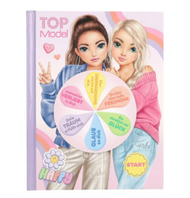 Zwei gezeichnete Mädchen stehen hinter einem bunten Glücksrad auf dem pastellfarbenen TOP Model-Notizbuch.