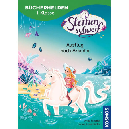Mädchen reitet weißes Einhorn am funkelnden See mit Bäumen und Bergen Sternenschweif-Buchcover.