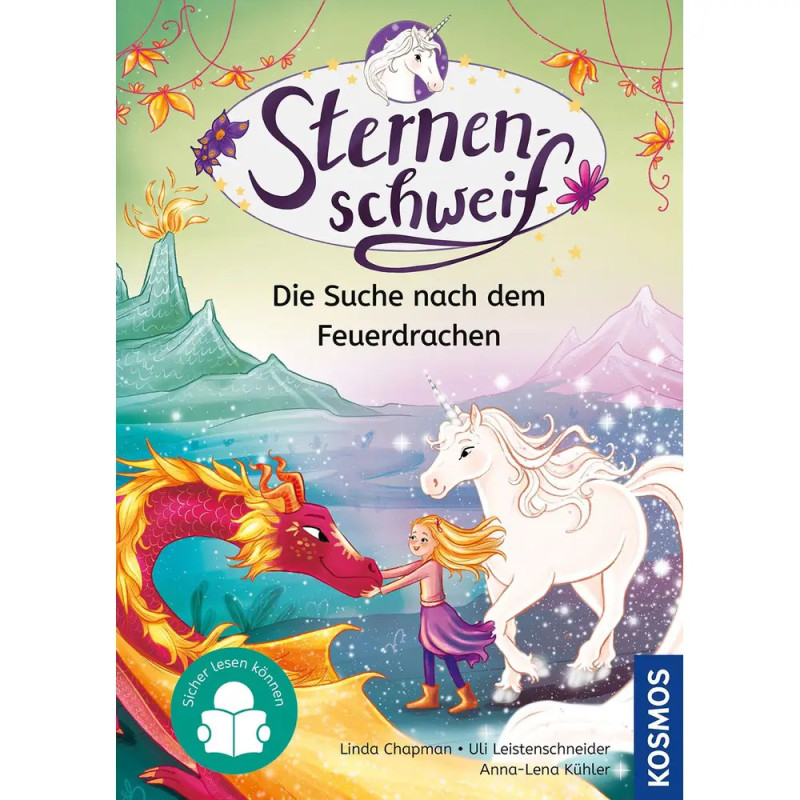 Ein Mädchen, ein weißes Einhorn und ein roter Drache treffen sich an einem bunten See mit Bergen und Blumen. Ein Mädchen, ein weißes Einhorn und ein roter Drache treffen sich an einem bunten See mit Bergen und Blumen.
