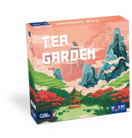 Brettspielbox Tea Garden mit stilisierten Bergen, Bäumen und einer Pagode in asiatisch inspiriertem Landschaftsbild.