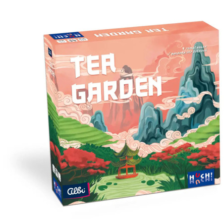 Brettspielbox Tea Garden mit stilisierten Bergen, Bäumen und einer Pagode in asiatisch inspiriertem Landschaftsbild.