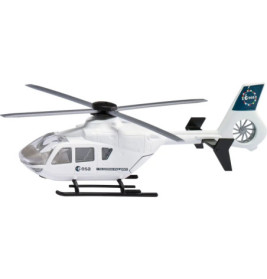 Weißer Spielzeughubschrauber mit ESA-Logos an Seite und Heck, vor weißem Hintergrund isoliert.