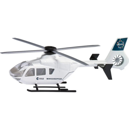 Weißer Spielzeughubschrauber mit ESA-Logos an Seite und Heck, vor weißem Hintergrund isoliert.