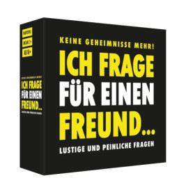 Schwarze Partyspiel-Box mit auffälligem gelbem und weißem Schriftzug: Ich frage für einen Freund...