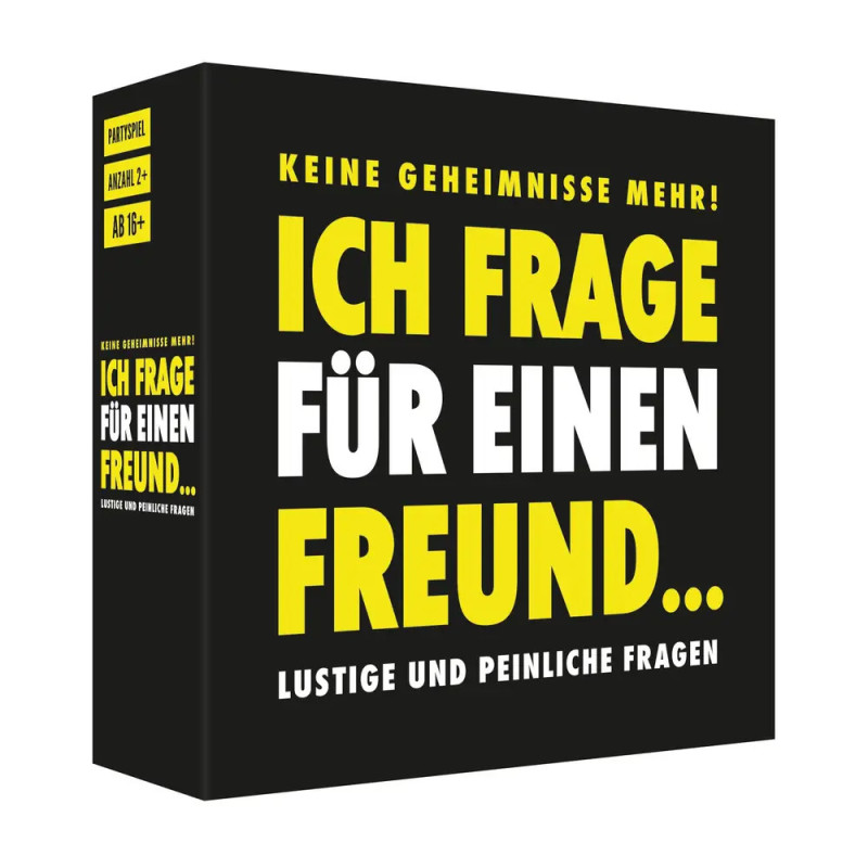 Schwarze Partyspiel-Box mit auffälligem gelbem und weißem Schriftzug: Ich frage für einen Freund...