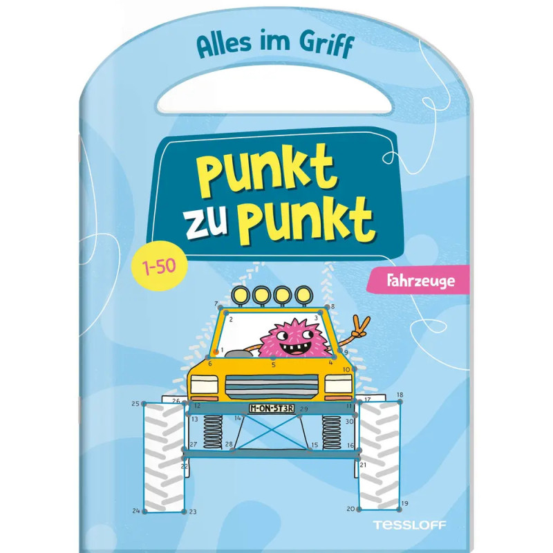 Cover eines Kinderbuchs: ein gelber Monstertruck und ein rosa Cartoon-Monster, Titel Punkt zu Punkt.