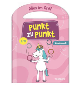 Ein Cartoon-Einhorn jongliert Ringe auf einem rosa Cover mit dem Titel Punkt zu Punkt Zauberwelt.