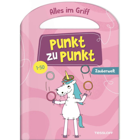 Ein Cartoon-Einhorn jongliert Ringe auf einem rosa Cover mit dem Titel Punkt zu Punkt Zauberwelt.