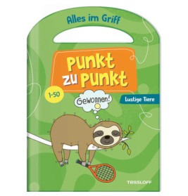 Grünes Rätselbuch mit lächelndem Faultier, Tennisschläger und dem deutschen Titel Punkt zu Punkt.