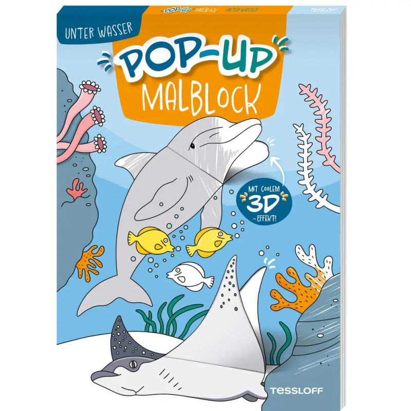 Illustrierter Pop-up-Malbuchumschlag mit Unterwassertieren wie Delfin, Rochen, Fischen und Korallen.