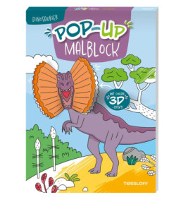 Cover eines Dino-Malbuchs mit lila Dinosaurier und Bäumen, Titel: Pop-Up Malblock.