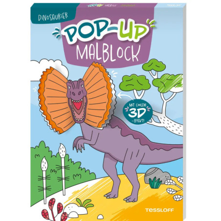 Cover eines Dino-Malbuchs mit lila Dinosaurier und Bäumen, Titel: Pop-Up Malblock.