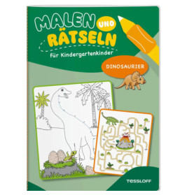 Cover eines deutschen Kindergarten-Rätselbuchs mit Dinosaurier-Illustrationen, Titel: Malen und Rätseln.