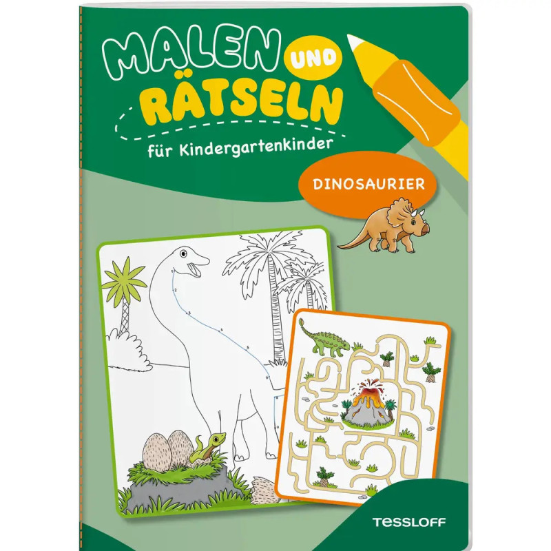 Cover eines deutschen Kindergarten-Rätselbuchs mit Dinosaurier-Illustrationen, Titel: Malen und Rätseln.