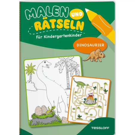 Cover eines deutschen Kindergarten-Rätselbuchs mit Dinosaurier-Illustrationen, Titel: Malen und Rätseln.