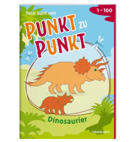 Titelseite eines Dinosaurier-Punkt-zu-Punkt-Aktivitätsbuchs mit zwei Illustrationen und buntem Text.
