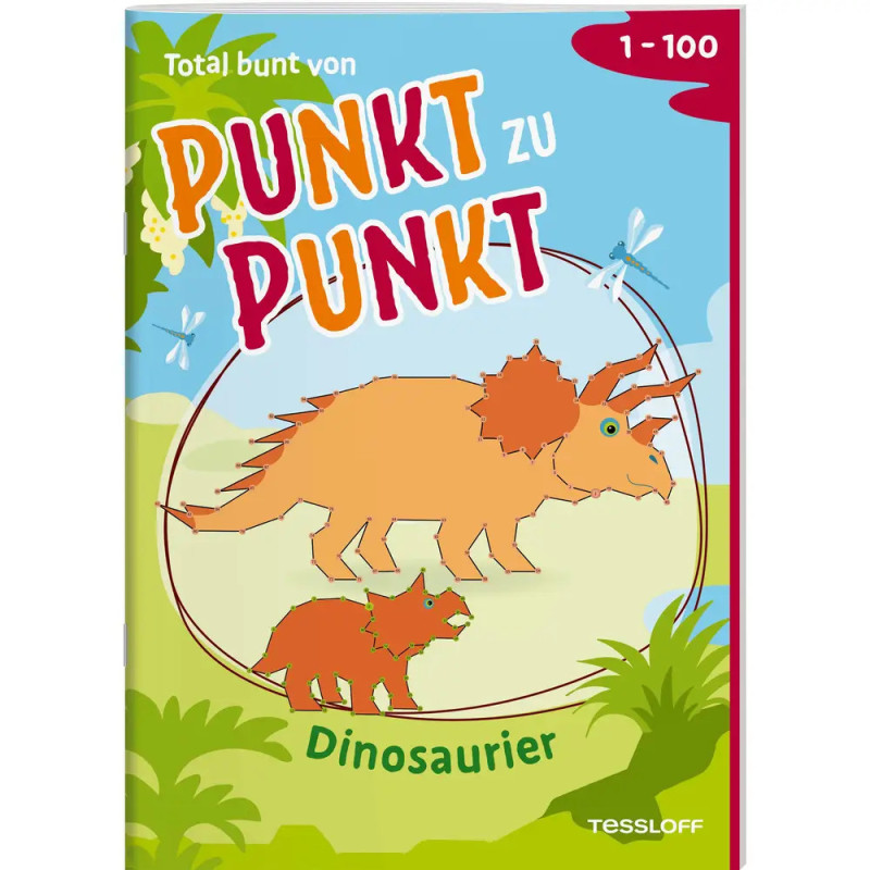 Titelseite eines Dinosaurier-Punkt-zu-Punkt-Aktivitätsbuchs mit zwei Illustrationen und buntem Text.