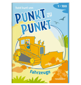 Deutsches Punkt-zu-Punkt-Buchcover: Kind im Bulldozer, bunte Gestaltung, Titel Punkt zu Punkt Fahrzeuge.