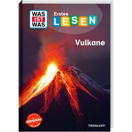 Kinderbuchcover mit eruptierendem Vulkan und dem Titel Was ist Was: Erstes Lesen Vulkane.
