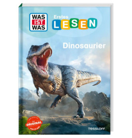 Buchcover mit brüllendem Dinosaurier und dem Titel Dinosaurier vor hellem Himmel.