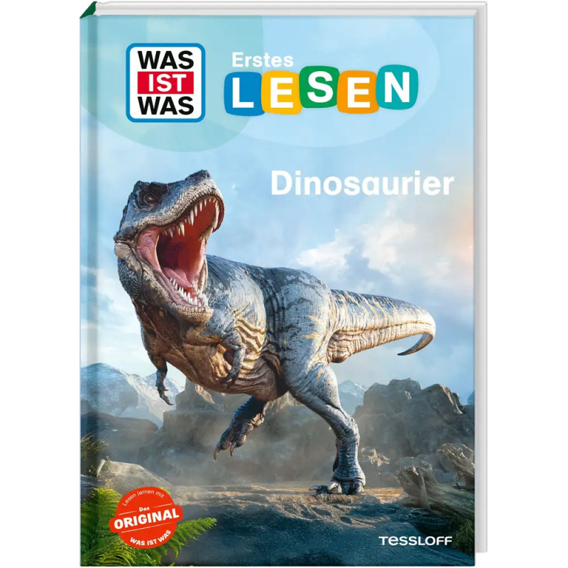 Buchcover mit brüllendem Dinosaurier und dem Titel Dinosaurier vor hellem Himmel.