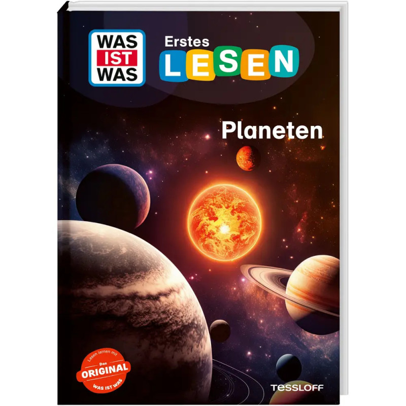 Buchcover mit Planeten und Sonne im Weltall, Titel: Was ist Was Erstes Lesen: Planeten.
