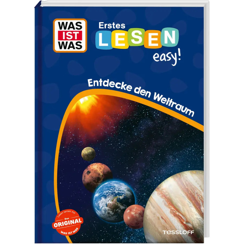Kinderbuchcover mit Planeten und Sternen, Titel: Entdecke den Weltraum (auf Deutsch).