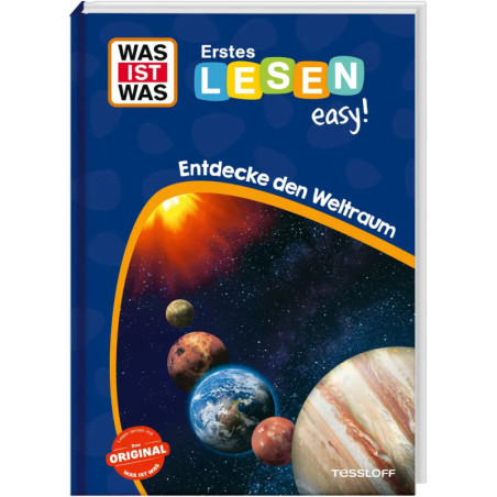 Kinderbuchcover mit Planeten und Sternen, Titel: Entdecke den Weltraum (auf Deutsch).