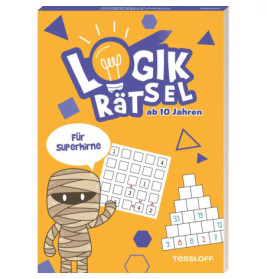 Buntes deutsches Rätselbuch mit Mumienfigur und Logikgitter, geeignet für Kinder ab 10 Jahren.