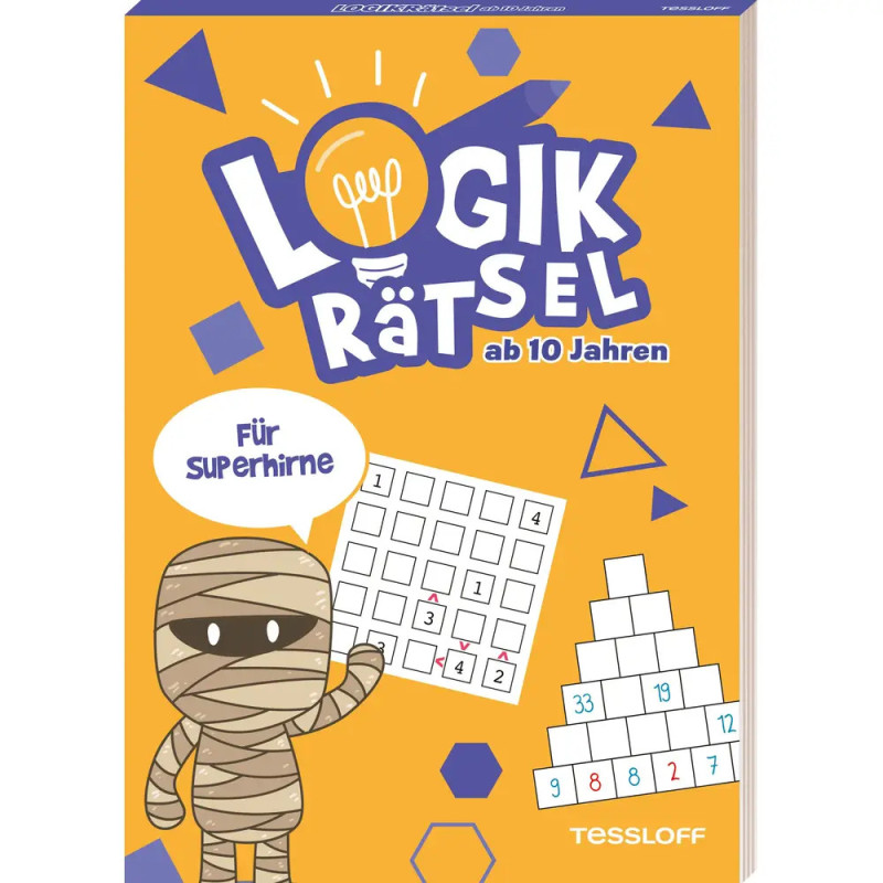 Buntes deutsches Rätselbuch mit Mumienfigur und Logikgitter, geeignet für Kinder ab 10 Jahren.