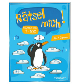 Ein Pinguin steht auf Eisschollen mit Rechenaufgaben. Texte: Rätsel mich! und Rechnen von 1-100.