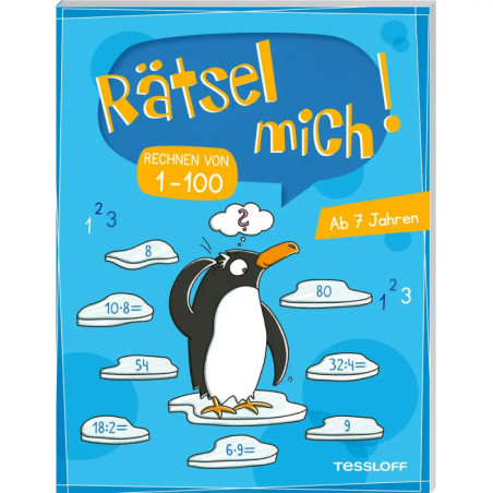 Ein Pinguin steht auf Eisschollen mit Rechenaufgaben. Texte: Rätsel mich! und Rechnen von 1-100.