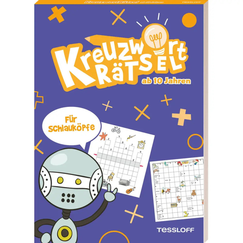 Lila Kreuzworträtselbuch ab 10 Jahren mit Comic-Roboter und Beispielrätseln auf dem Cover.