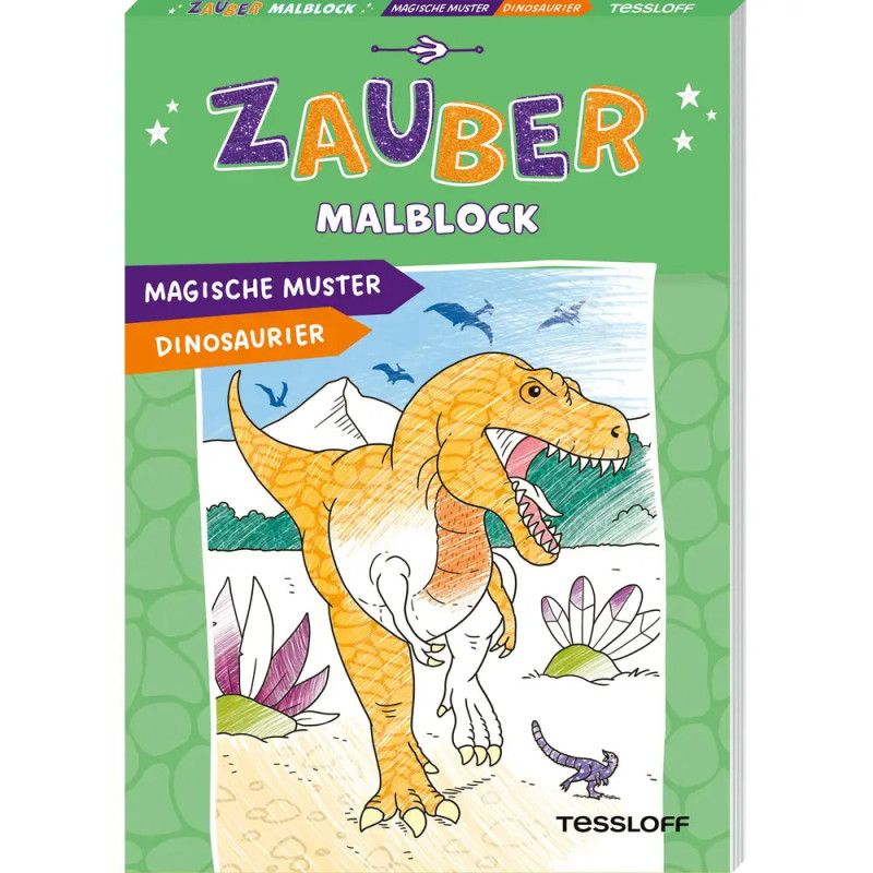 Malbuchdeckel mit orangefarbenem Dinosaurier, Pflanzen, Bergen und dem deutschen Titel Zauber Malblock Dinosaurier.
