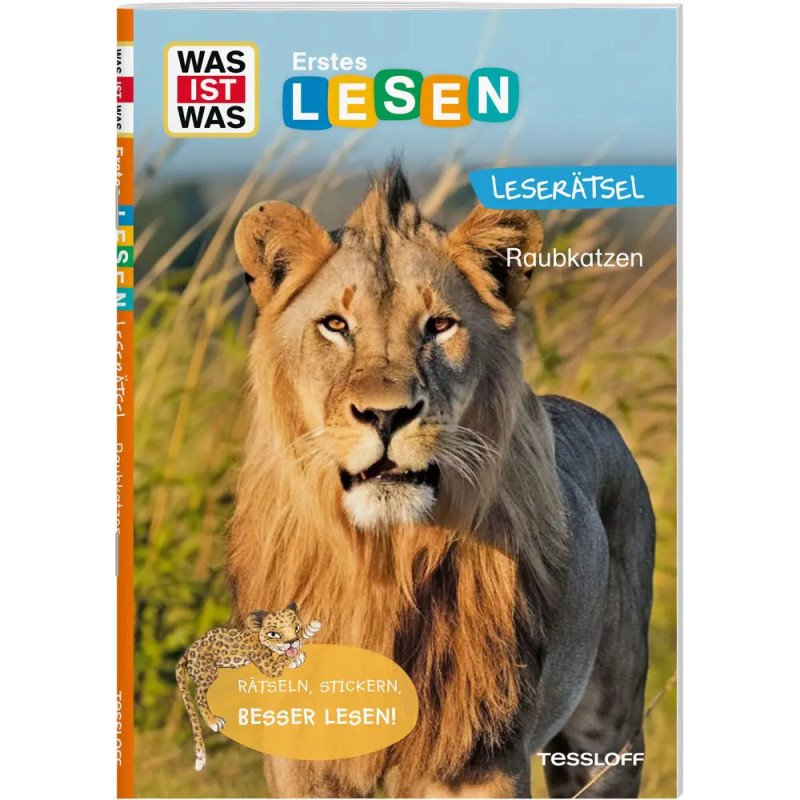 Buchcover mit Löwen-Nahaufnahme, deutschem Text und gezeichneter Gepardin unten links.