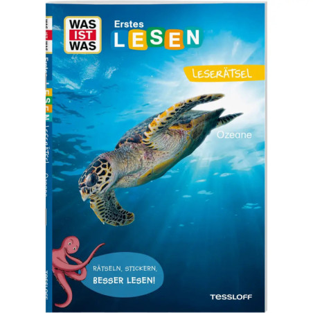 Buchcover mit einer Meeresschildkröte, einem Oktopus und deutschem Text über Ozeane und Lesepuzzles.