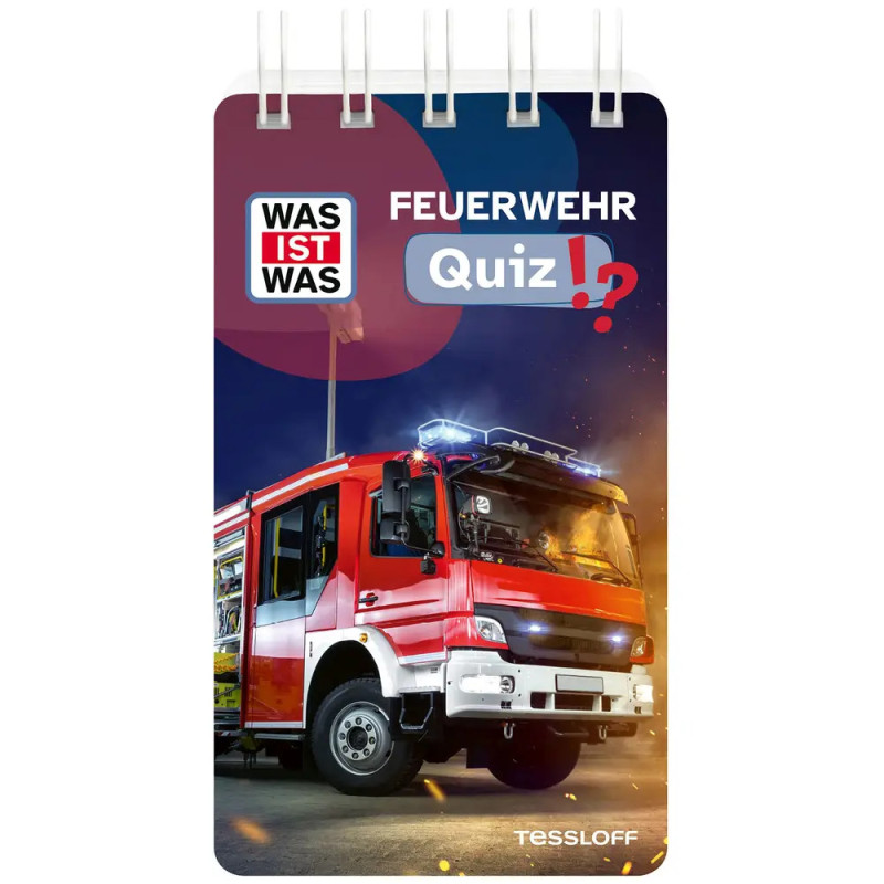 Cover eines deutschen Feuerwehr-Quizbuchs mit Feuerwehrauto und Titel WAS IST WAS Feuerwehr Quiz!?.