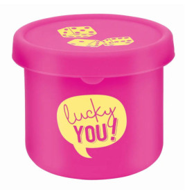 Rosa Behälter mit gelber Würfelfigur und lucky YOU! in einer Sprechblase auf der Vorderseite.