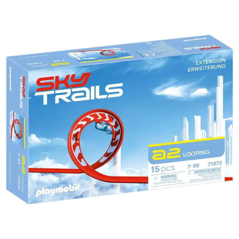 Playmobil Sky Trails a2 Looping Set: Box mit rotem Achterbahnschleifen und Himmel im Hintergrund. Playmobil Sky Trails a2 Looping Set: Box mit rotem Achterbahnschleifen und Himmel im Hintergrund.