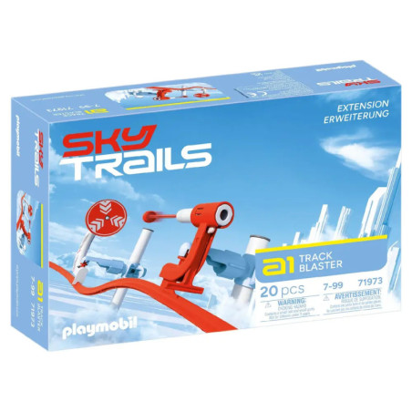Playmobil Sky Trails A1 Track Blaster Box mit rotem Launcher vor blauem Hintergrund, geeignet für 7-99 Jahre.