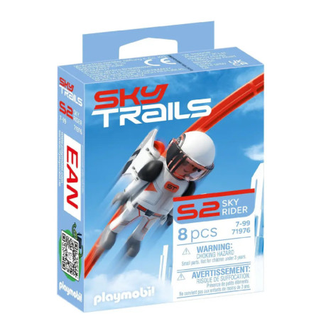 Playmobil Sky Trails S2 Sky Rider Spielzeugbox mit fliegender Figur im weiß-roten Anzug.
